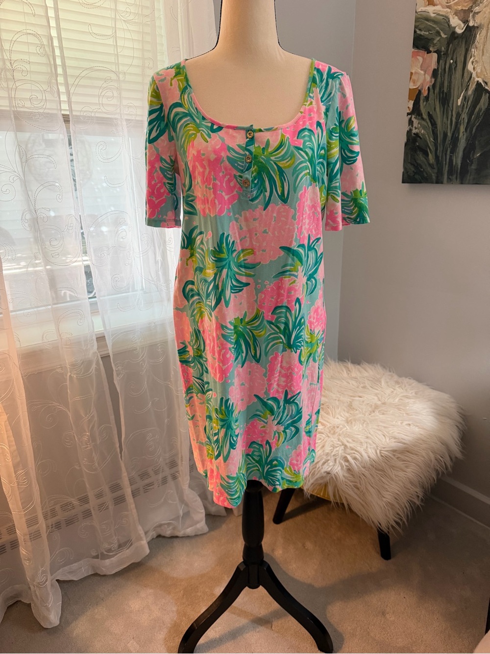 Lilly Pulitzer Pink & Aqua Tropical Scoop-Neck Midi Dress